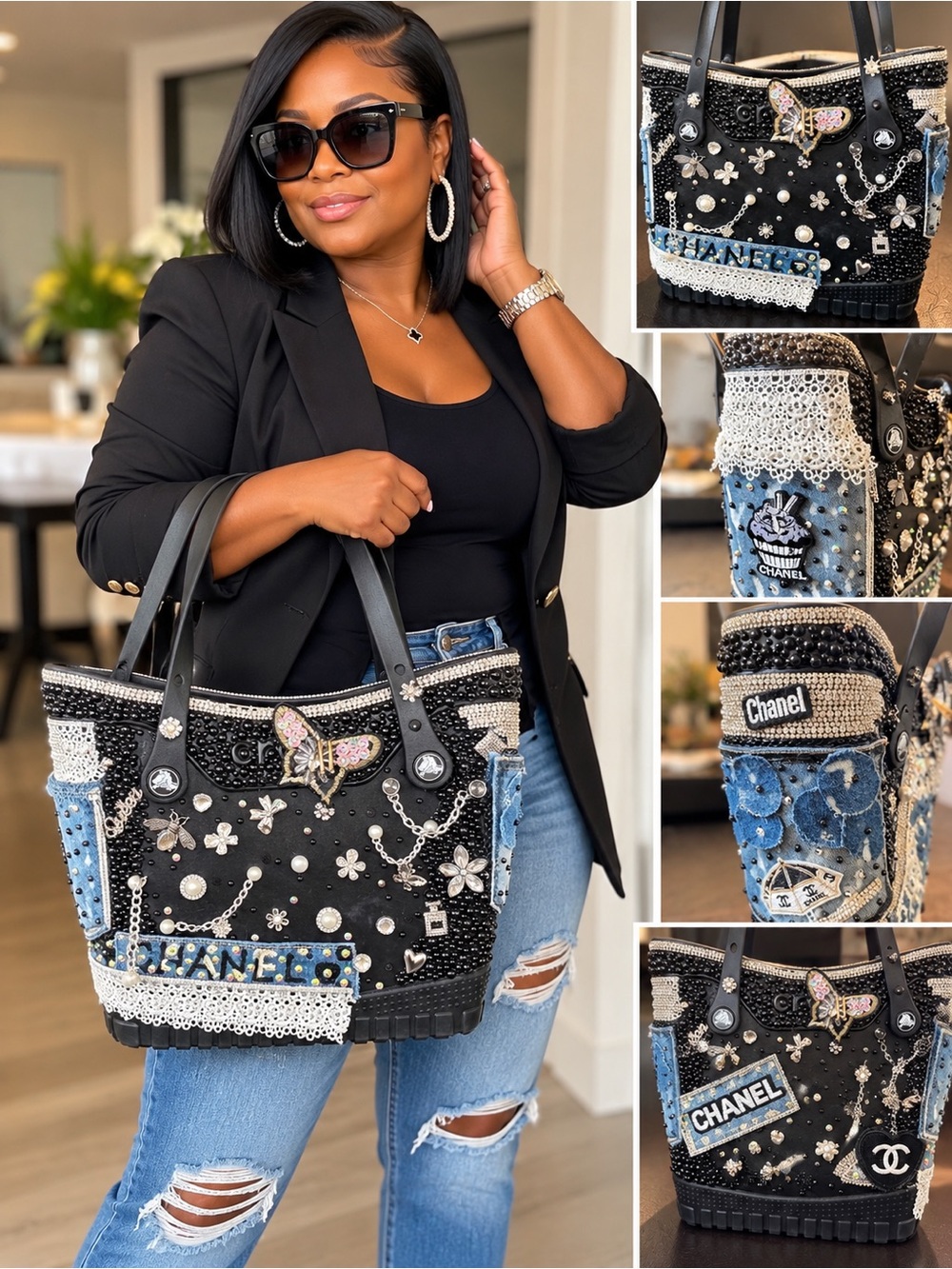 Custom Black & Denim Beaded Embellished CROC Tote